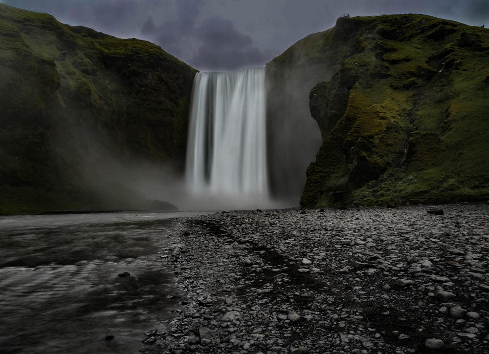 Skogafoss in Iceland under cloudy sky