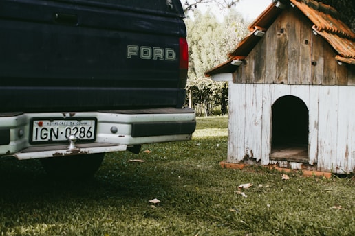 A close-up of the rear of a blue Ford vehicle parked on grass next to a rustic wooden dog house. The vehicle has a visible license plate from Brazil, indicating 'RS - Flores da Cunha'. The dog house features weathered wood and shingles, set against a backdrop of lush, green trees.