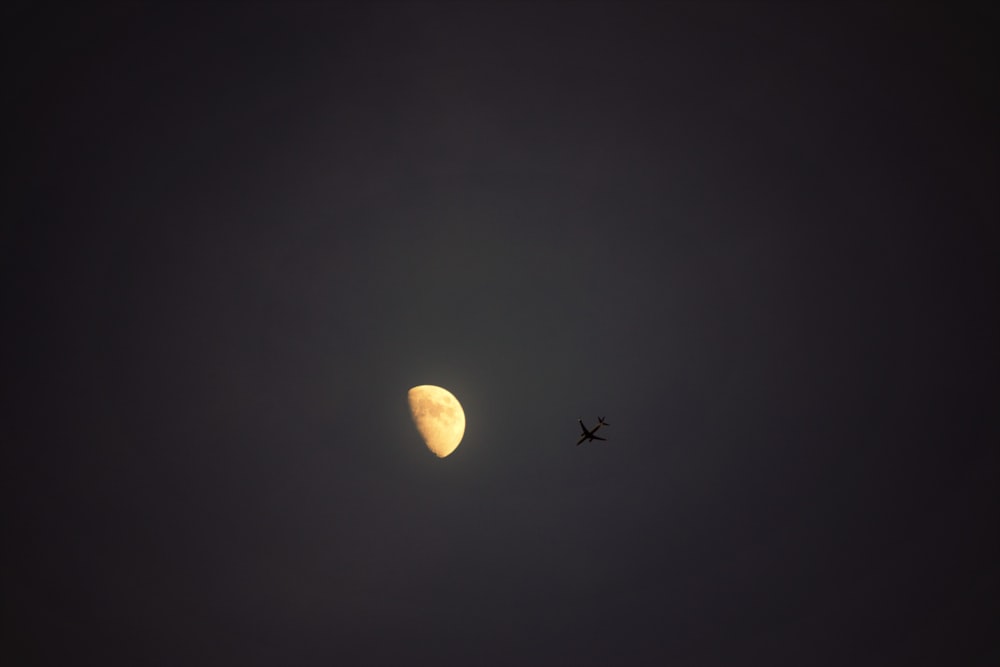 Silueta del avión bajo la media luna durante la noche