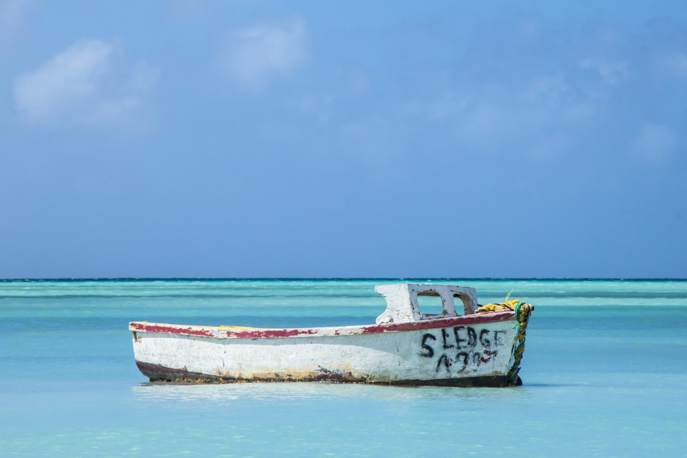 white and red wrecked boat on clear shore under blue sky nature photography