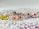 A collection of colorful stud earrings is displayed on a surface with scattered purple glitter. Each earring set has a distinct design, including smiley faces, multicolored petals, and flowers with red or pink centers.