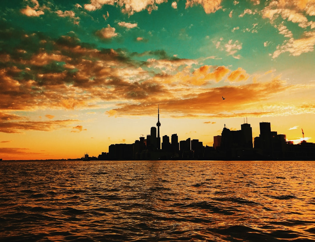 body of water across city buildings during sunset