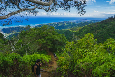 Adventurers hiking a lush volcanic trail with vibrant greenery and distant ocean views.