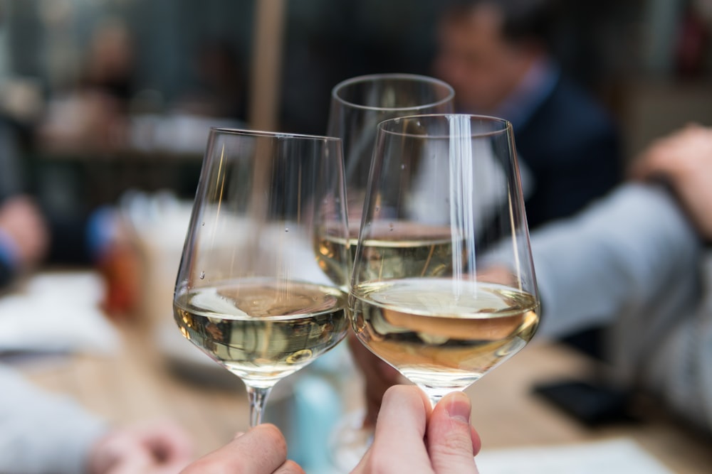 trois personnes portant un toast à l’aide de trois verres à vin en cristal transparent