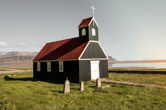 A black wooden church with a red roof stands in a grassy field. The building features a small steeple with a cross on top and white-framed windows. Surrounding the church are a few gravestones and a backdrop of mountains and a calm body of water under a clear sky.