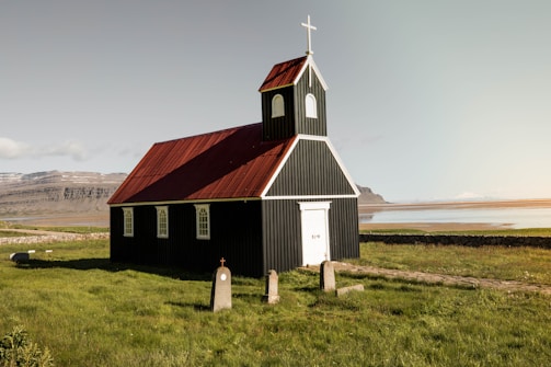 A black wooden church with a red roof stands in a grassy field. The building features a small steeple with a cross on top and white-framed windows. Surrounding the church are a few gravestones and a backdrop of mountains and a calm body of water under a clear sky.