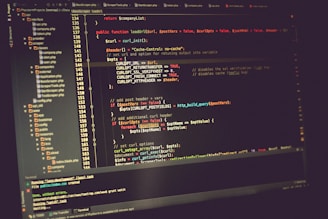 A computer screen displaying lines of code in a development environment. The code includes PHP syntax with functions, variables, and comments. The background is dark, and there are several open tabs with file names on the side.