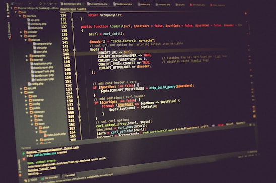 A computer screen displaying lines of code in a development environment. The code includes PHP syntax with functions, variables, and comments. The background is dark, and there are several open tabs with file names on the side.