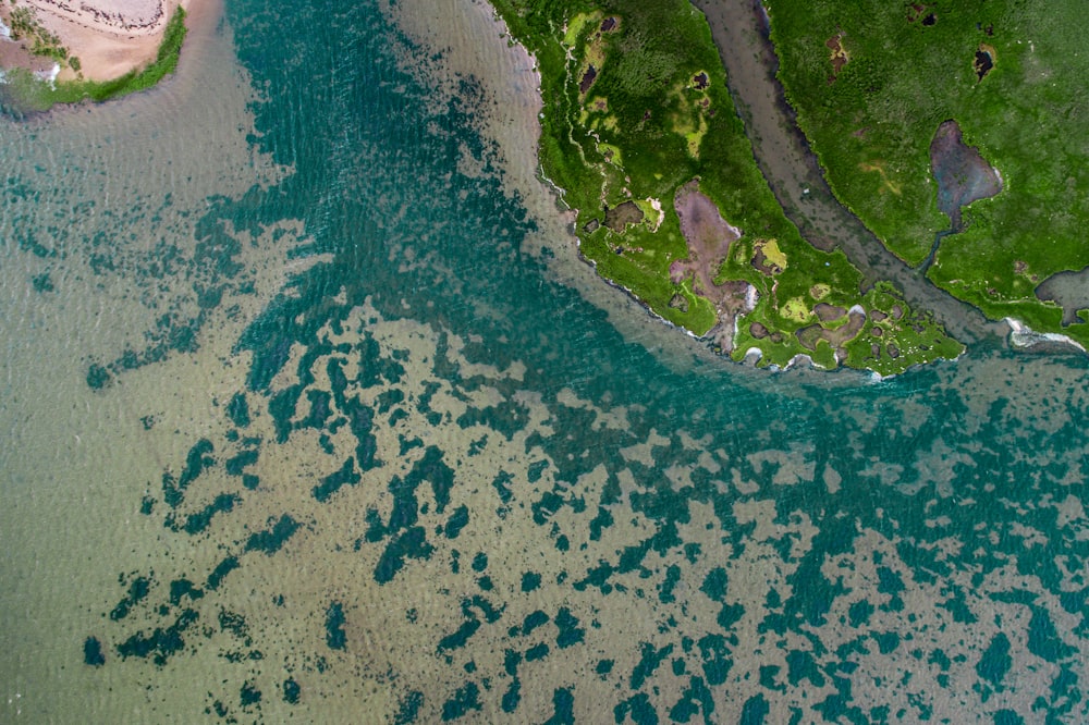 Vista aérea de un campo de hierba junto al cuerpo de agua