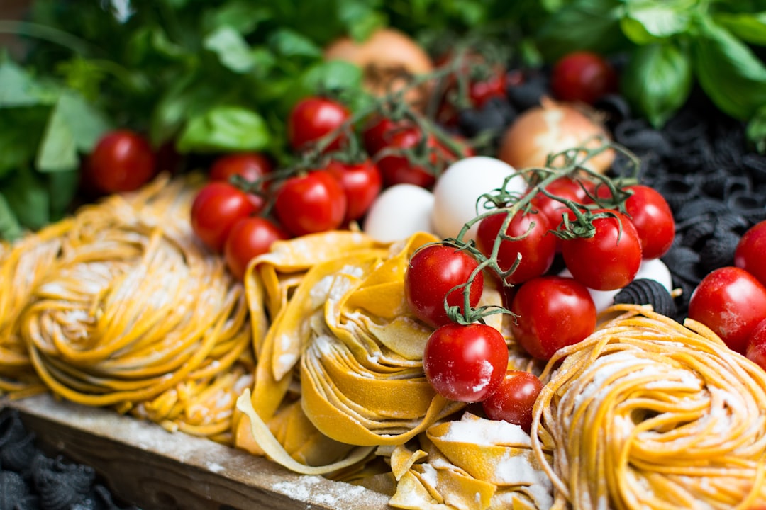 yellow pasta and cherry tomatoes, Colorful Eatalian Ingredients