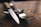 Close-up of argentia's silverware clip securing forks and knives on a rustic wooden table.