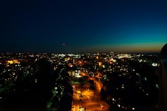 Osaka cityscape at dusk with deep navy blue sky and city lights starting to glow.