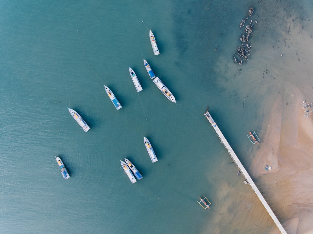 barco branco e azul perto da doca branca durante o dia