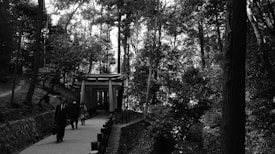 A tranquil forest scene features a pathway leading through dense trees with tall trunks. The path is flanked by a row of black cylindrical posts, and a traditional Japanese torii gate frames the walkway. Several people walk along the path, dressed warmly, indicating cooler weather. Sunlight filters through the leaves, casting dappled shadows on the ground.