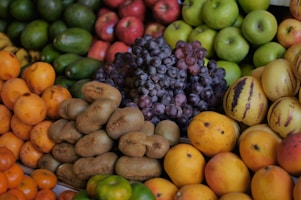 Fresh fruits and vegetables arranged beautifully.