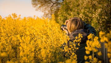 A person with short hair is standing in a field of vibrant yellow flowers, holding a camera up to their face, capturing a photograph. Lush greenery forms the backdrop, creating a peaceful and natural setting. The image is taken from behind the person, emphasizing the act of photography surrounded by nature.