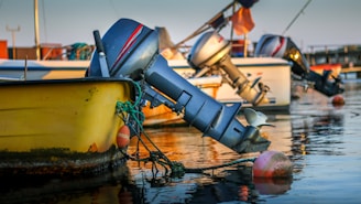 A close-up view of several motorboats docked on a calm body of water. The focus is on the metallic outboard motors extending into the water, reflecting the soft golden light of either sunrise or sunset. The boats are tied to buoys, with visible ropes and some algae growth at the waterline. The background features more boats and a hint of a pier.