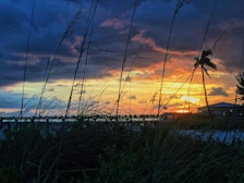 A vibrant sunset over a tropical beach with silhouettes of palm trees.