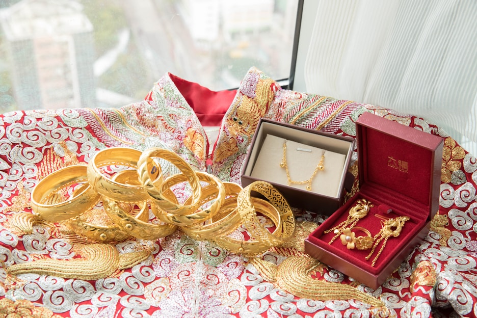 A luxurious display of imitation jewellery featuring earrings, necklaces, and bangles.