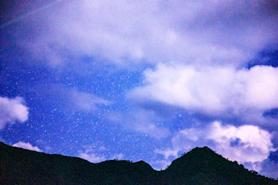 Night sky filled with stars above a quiet mountain range.
