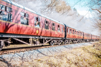 A vintage-style train with red carriages travels along a track bordered by grass and trees. Smoke billows from the train, indicating it is powered by steam. Passengers are visible through the windows, and the scene is set on a sunny day with clear skies. Shadows of branches fall across the train, adding depth to the image.