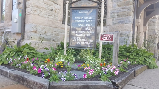 A wooden signboard displaying church service times is nestled in a small garden bed. The garden features vibrant flowers in shades of pink, purple, white, and orange, surrounded by green foliage. Nearby, a smaller sign indicates the church office. The stone exterior of a building serves as the backdrop.