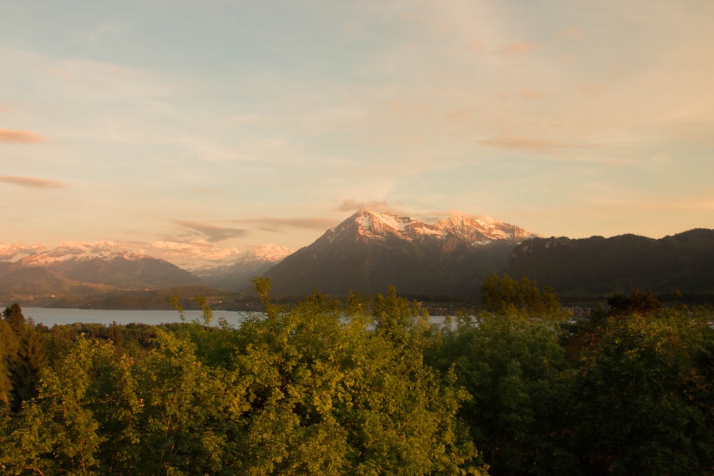 une vue d’une chaîne de montagnes avec un lac au premier plan