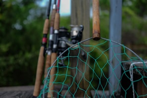 Several fishing rods are standing upright, leaning against a wooden post with their handles facing outward. In the foreground, a green fishing net with a wooden handle is visible, slightly out of focus. The background consists of blurred greenery, suggesting an outdoor setting.