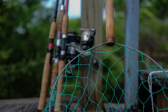 Several fishing rods are standing upright, leaning against a wooden post with their handles facing outward. In the foreground, a green fishing net with a wooden handle is visible, slightly out of focus. The background consists of blurred greenery, suggesting an outdoor setting.