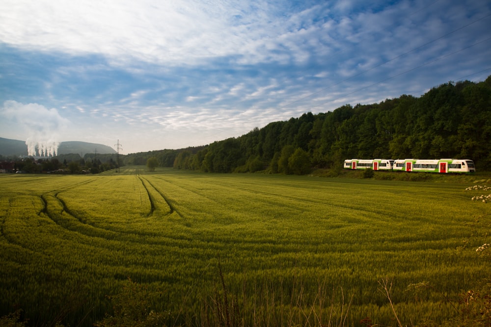 grassland surrounded with trees near train tracks with train