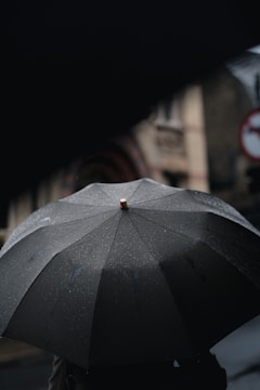 Close-up of a sleek black umbrella with a wooden handle resting on a rainy city sidewalk