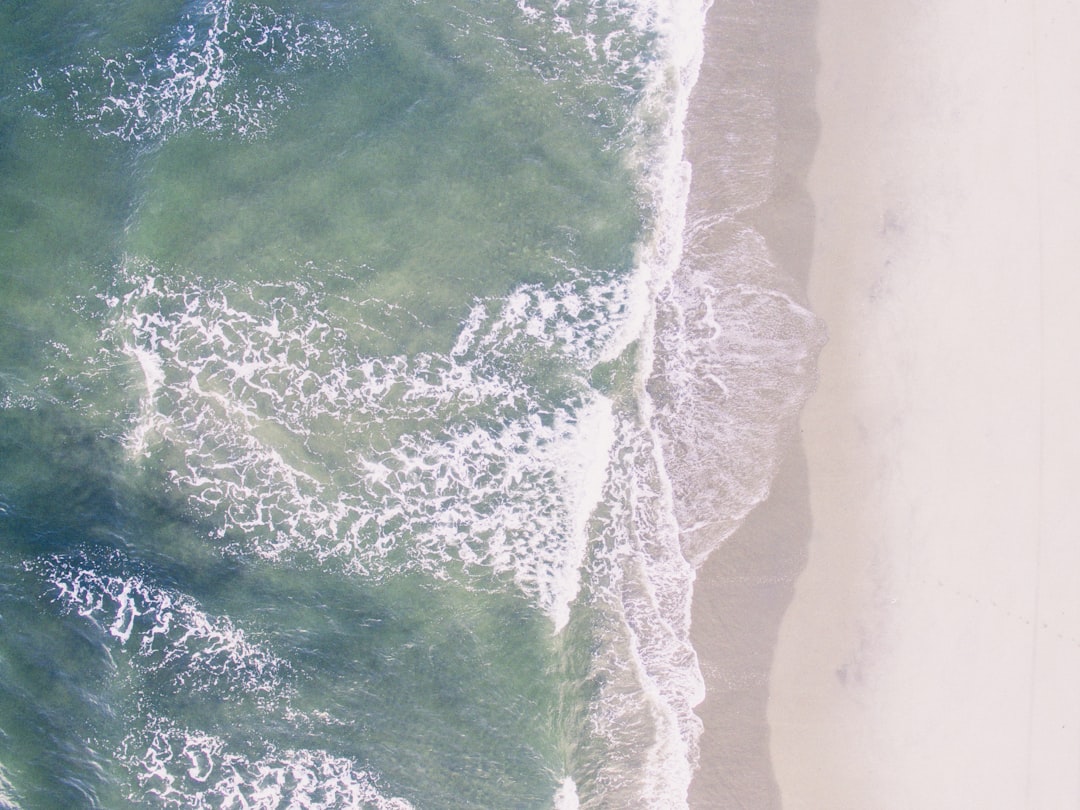 aerial shot of seashore, Deserted beach in bird’s-eye view