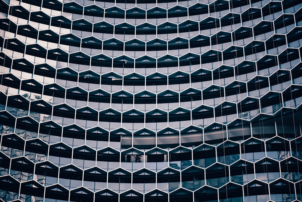 A honeycomb pattern in the facade of a modern office building