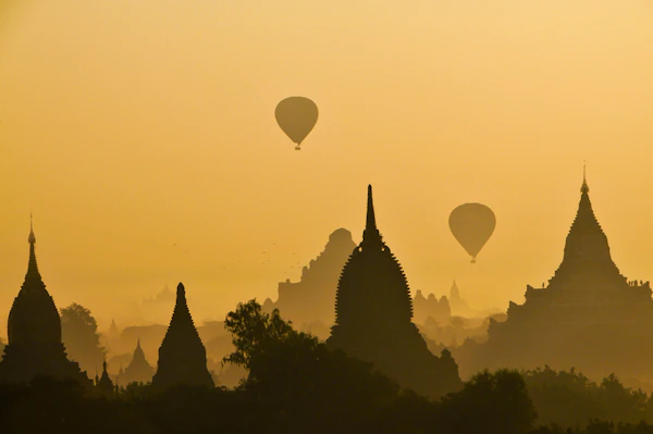 Hot air balloons floating near Bagan temple, Myanmar