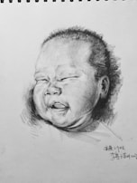 Hand-drawn character sketches inspired by real children, in warm pastel colors.