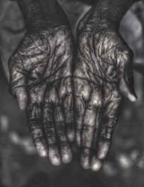 grayscale photo of human palms