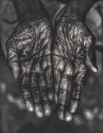 grayscale photo of human palms