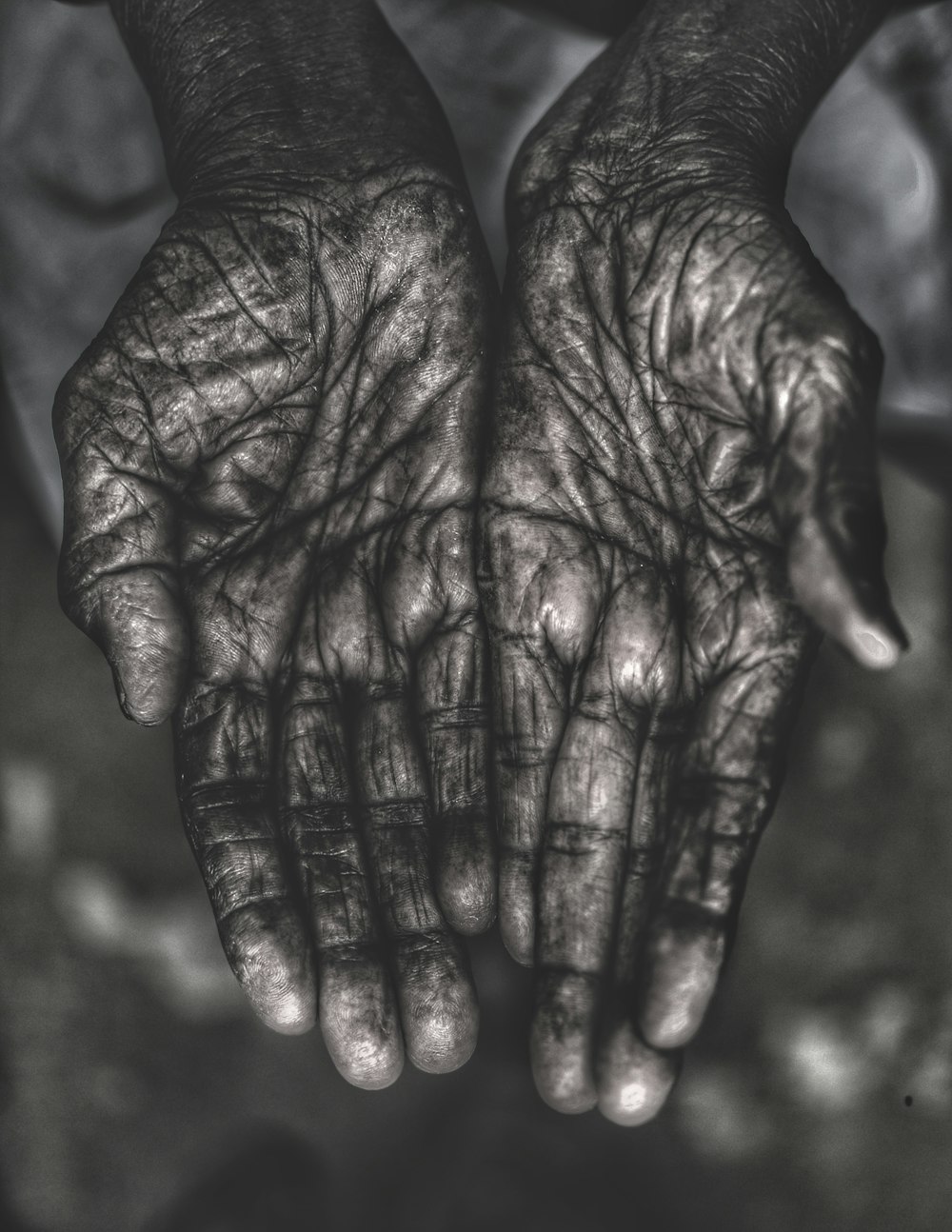 grayscale photo of human palms