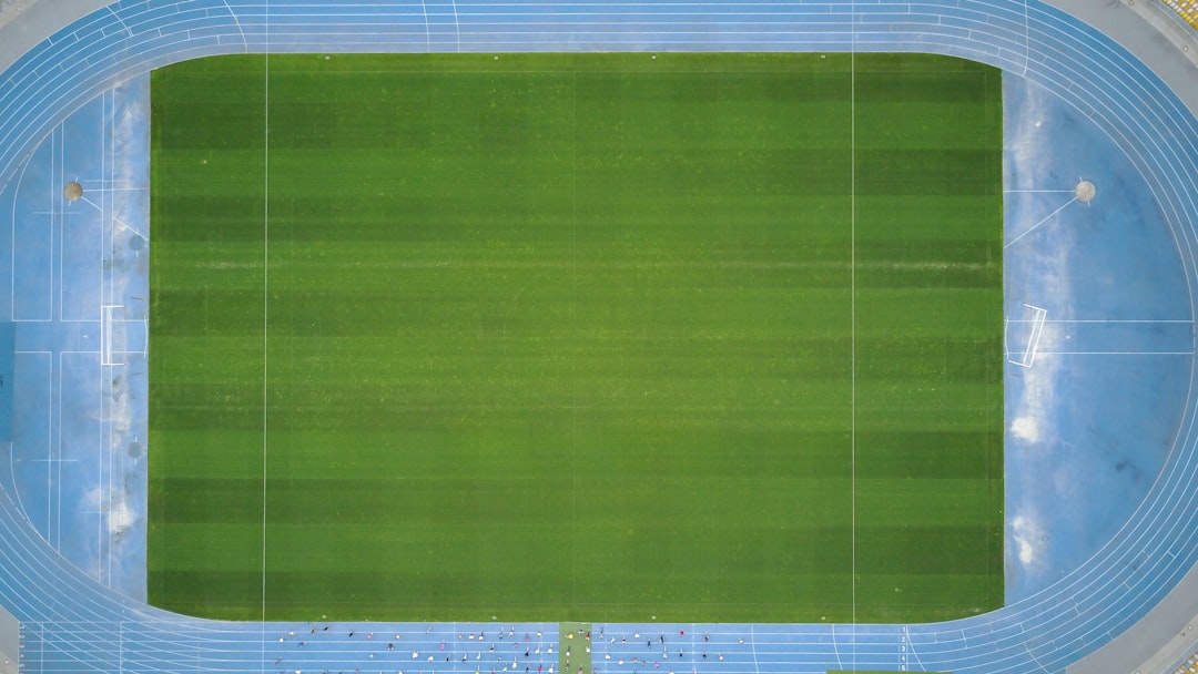 Drone view of green field and tartan field