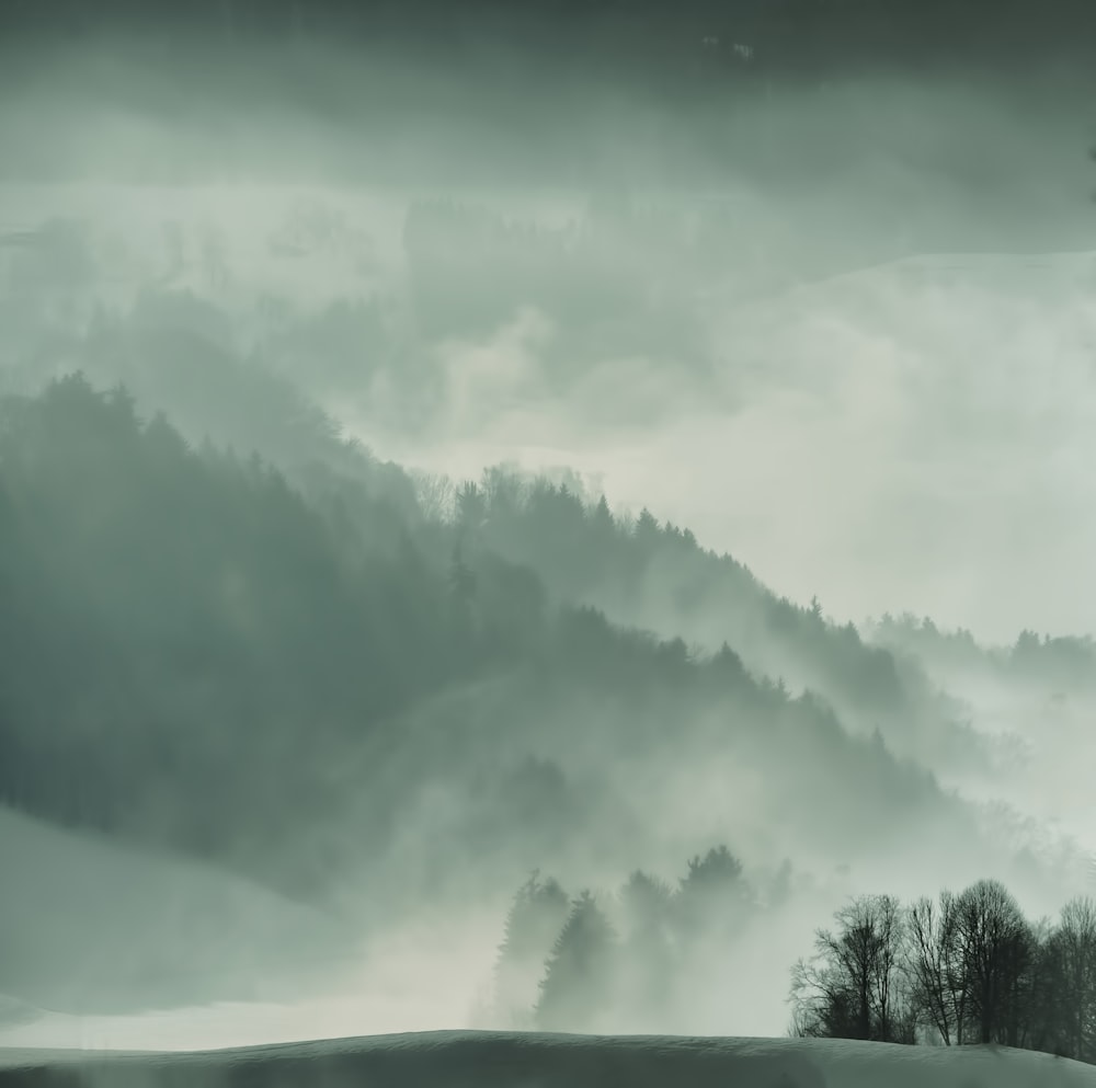 mountain covered with fog during nighttime