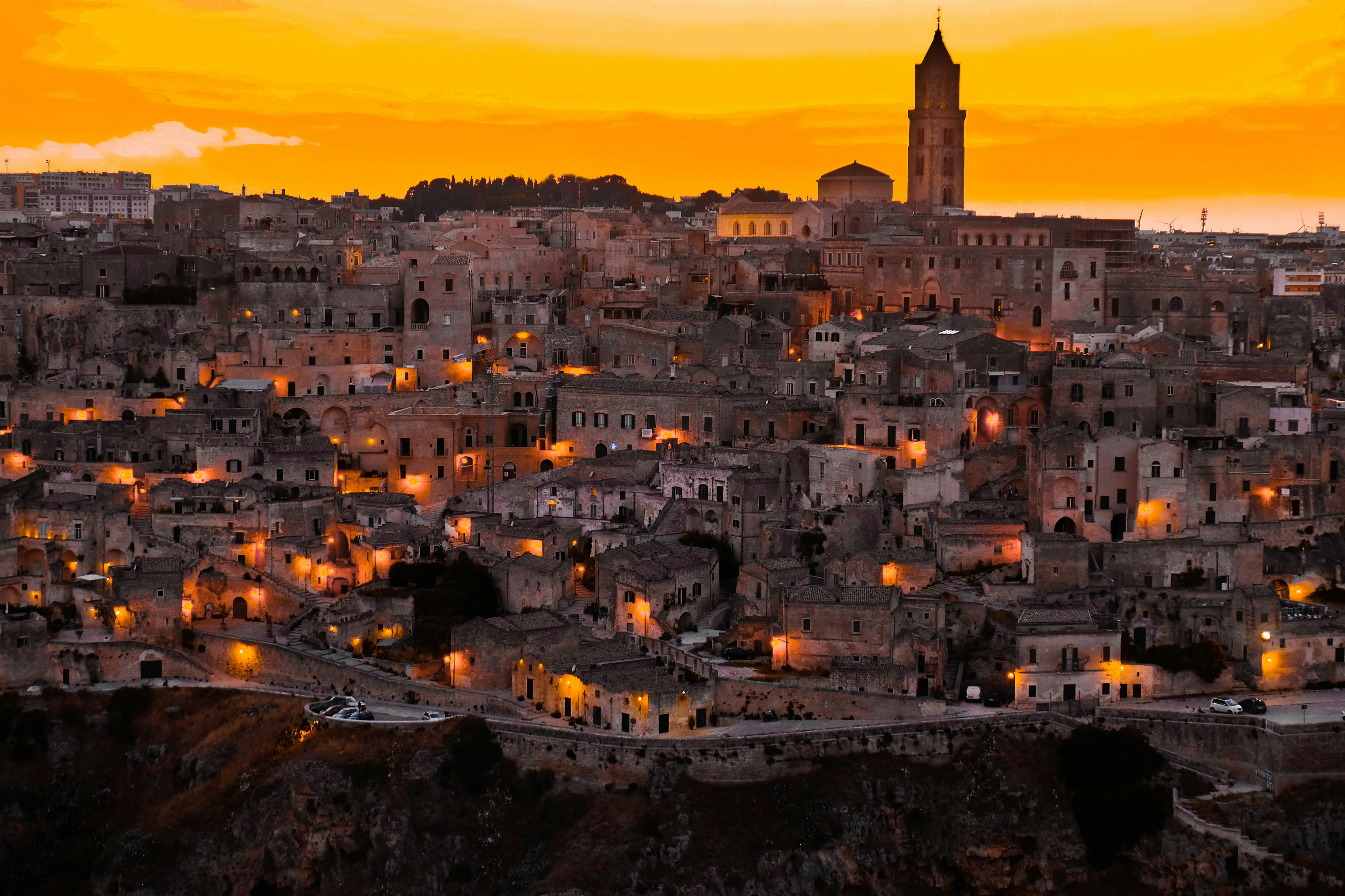 great photo recipe,how to photograph matera at sunset; photo of illuminated city