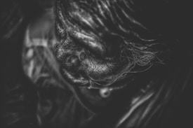 A close-up, high contrast black and white photograph of an elderly person's face, focusing on the intricate textures and lines of their skin. The image captures details like wrinkles and wisps of hair, creating a sense of depth and character.