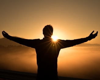 silhouette photo of man on cliff during sunset