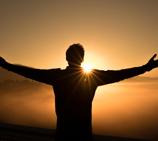 silhouette photo of man on cliff during sunset