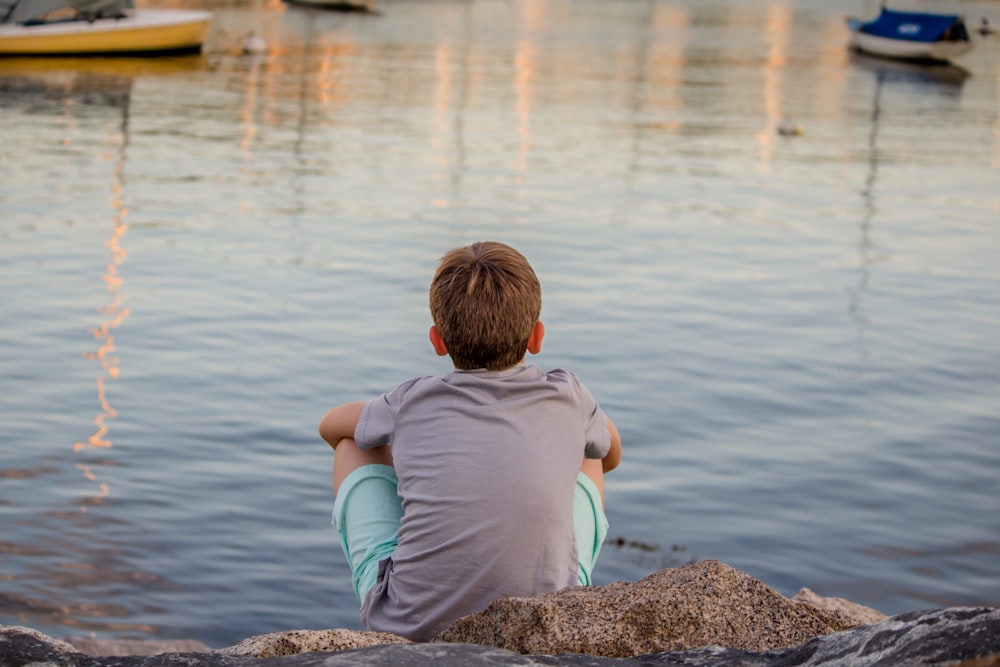 gray sitting on gray concrete pavement facing ocean water during daytime