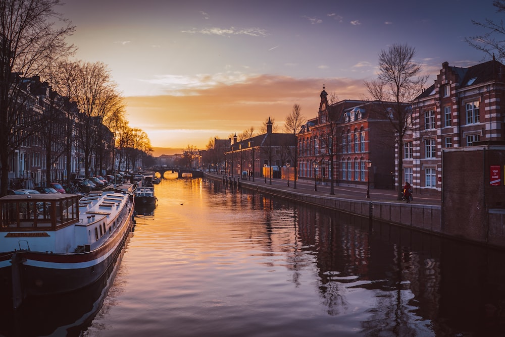 boats on river between buildings