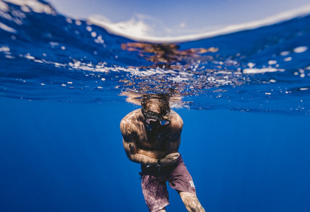 underwater photo of man in black framed goggles