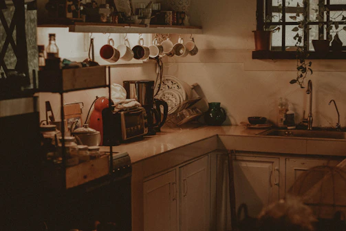 A kitchen corner with open shelves displaying ceramic mugs and potted herbs, bathed in natural light.