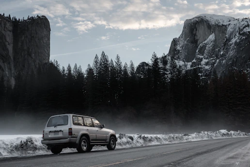 A cozy vehicle parked near pine trees with misty mountains in the distance.