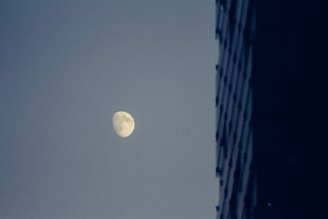 A partially illuminated moon appears in a clear evening sky, positioned adjacently to a modern building with a grid of windows.